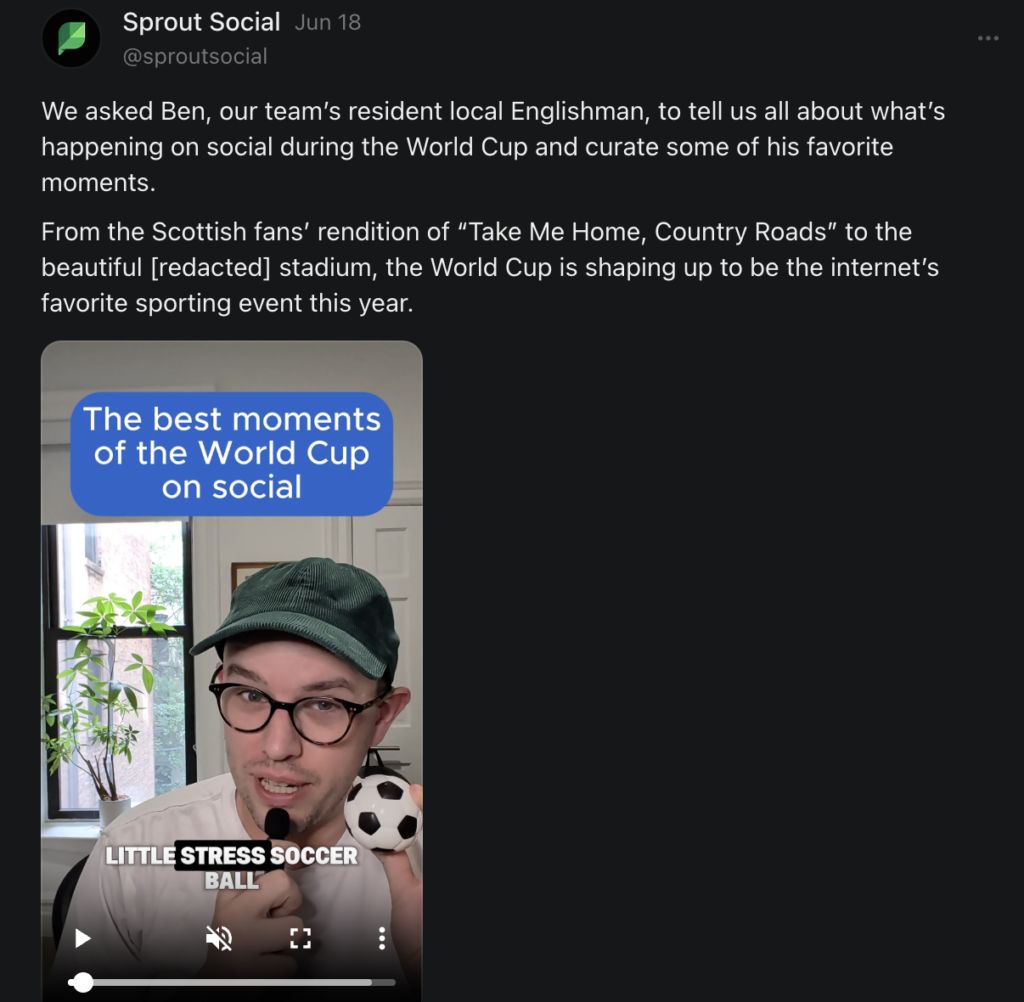 A published Note from Sprout's Substack, Social Futures, featuring a video breakdown of World Cup trends.