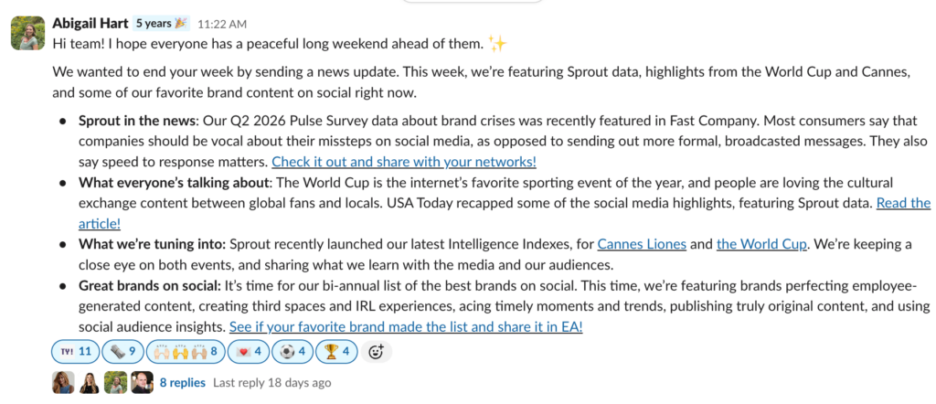 An ongoing internal Slack message from our Comms team about newsworthy topics