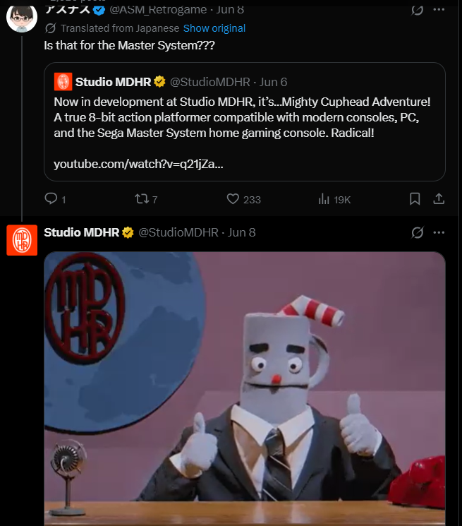 Studio MDHR replies to one of their comments with a gif
