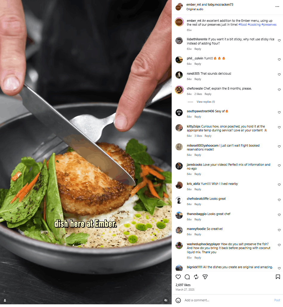 A knife slices a crusted cut of halibut in a video on Ember’s Instagram page. 