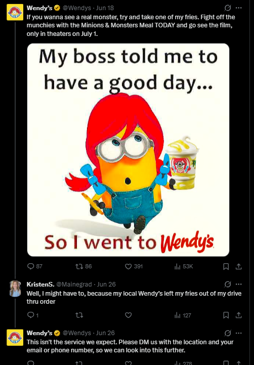 Wendy's customer care on a social post