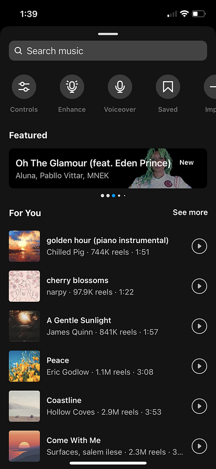 A screenshot showcasing sound options on an Instagram video
