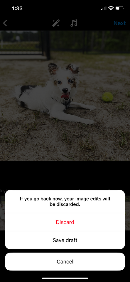 A screenshot showing how to safe a draft on Instagram