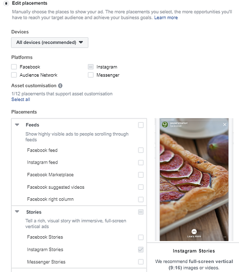 ad placement options for Facebook and Instagram advertising