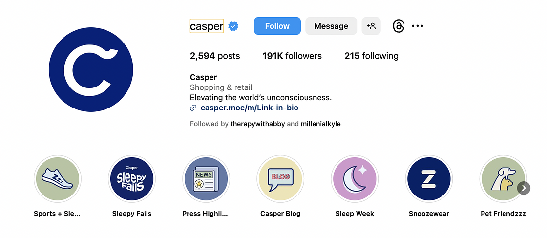 Casper Instagram profile with the brand's logo as a profile picture