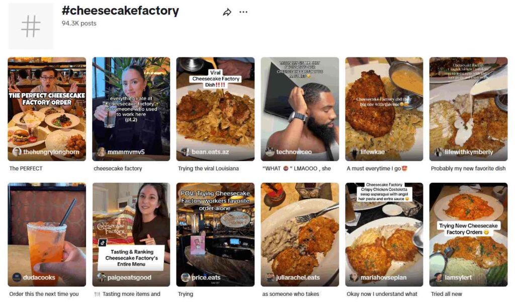 The "cheesecake factory” hashtag page on TikTok