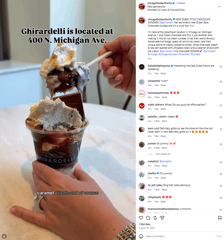 A hand holds a spoon scooping from a Ghirardelli sundae on Sam Roby’s Instagram page. 