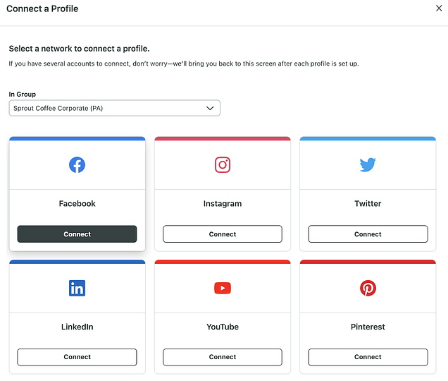 Connect a Profile screen in Sprout Social