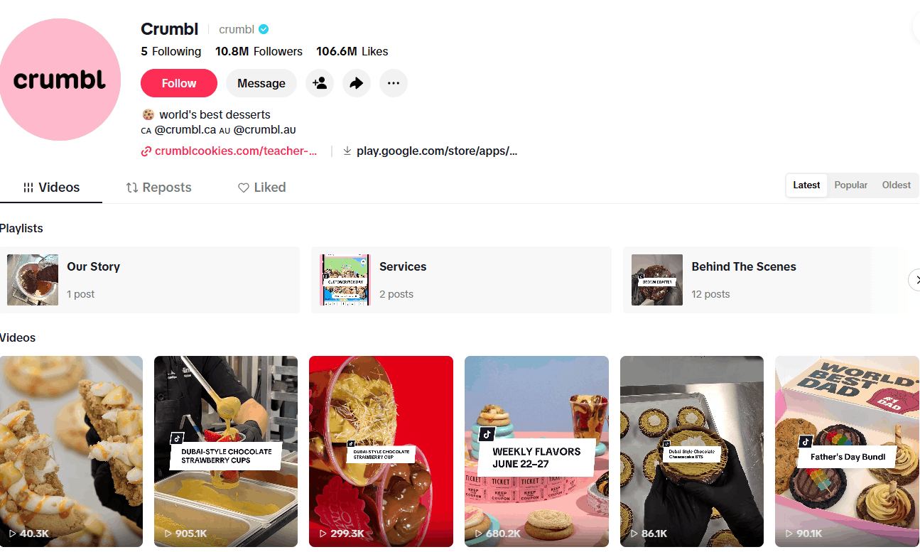 Crumbl’s TikTok Grid and Bio