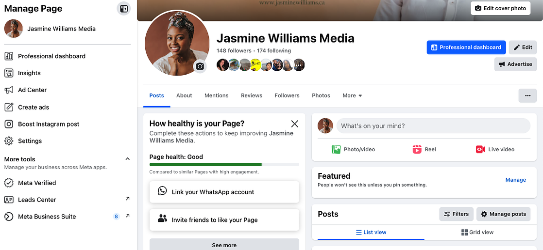 Detailed view of the Facebook 'Manage Page' section showing navigation options for the professional dashboard, Insights, a health check prompt and more.