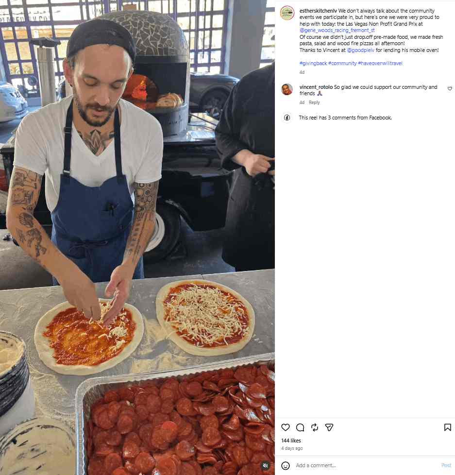 A man puts cheese on a pizza with a tray of pepperoni in front of him, in a video on Esther’s Kitchen’s Instagram page.