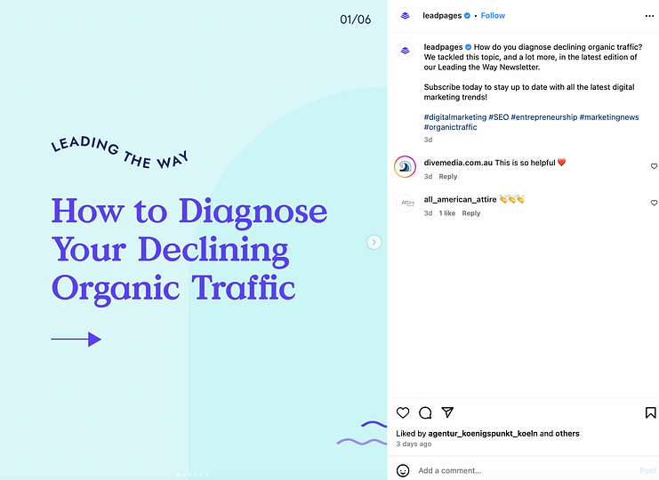 Instagram carousel post from Leadpages with an original graphic that reads "how to diagnose your declining organic traffic"