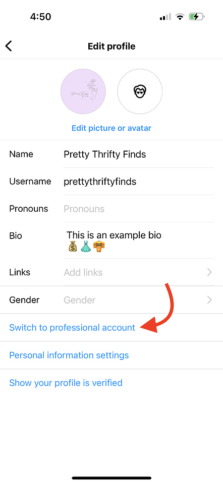 Instagram edit profile page with arrow pointing to the "Switch to professional account" button