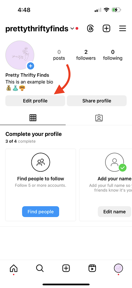 Instagram profile for "prettythriftyfinds" with arrow pointing to the "edit profile" button under the bio
