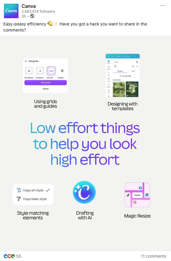 LinkedIn post by Canva asking followers for efficiency hacks, accompanied by an infographic titled "Low effort things to help you look high effort" showcasing features like templates, AI drafting, and Magic Resize.