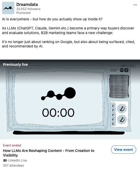 Promoted LinkedIn post by Dreamdata promoting a LinkedIn Live event on how LLMs are reshaping content, featuring an illustration of a retro television screen displaying the Dreamdata logo.
