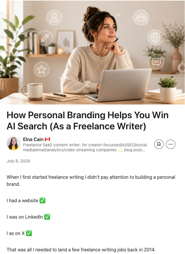 LinkedIn article post by Elna Cain titled "How Personal Branding Helps You Win AI Search (As a Freelance Writer)," featuring a header image of a woman working at a laptop surrounded by digital networking icons.