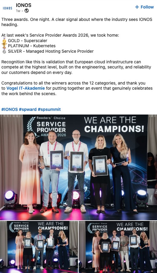 LinkedIn post by IONOS celebrating three wins at the Service Provider Awards 2026, featuring a photo collage of team members on stage holding their framed certificates in front of a backdrop reading "We Are The Champions!".