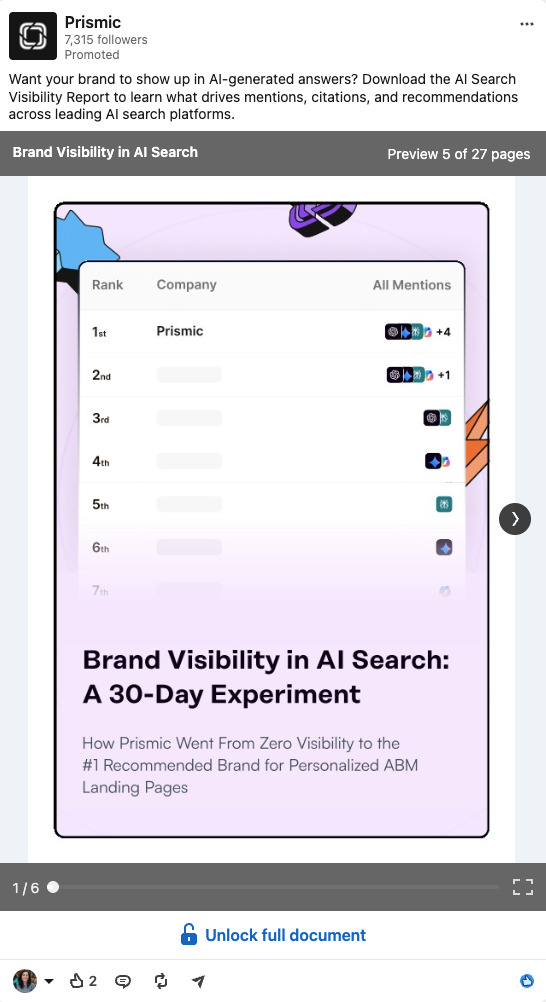 Promoted LinkedIn carousel post by Prismic advertising an AI Search Visibility Report, displaying a slide titled "Brand Visibility in AI Search: A 30-Day Experiment" with a graphic of a ranking leaderboard.