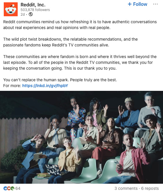 LinkedIn post by Reddit thanking its TV communities for authentic conversations, featuring a video thumbnail of a diverse group of people sitting outdoors at night with their hands raised.