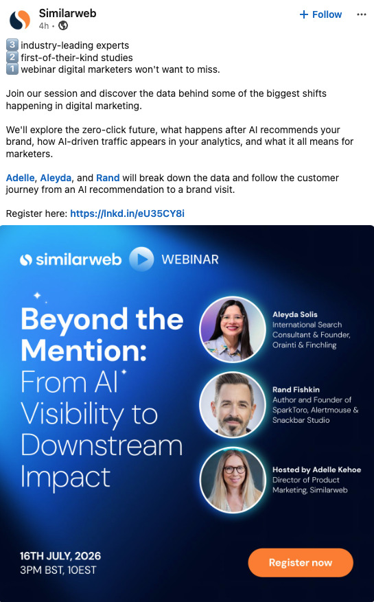 LinkedIn post by Similarweb promoting a webinar titled "Beyond the Mention: From AI Visibility to Downstream Impact," featuring headshots of speakers Aleyda Solis, Rand Fishkin, and host Adelle Kehoe.