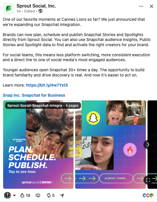 LinkedIn post by Sprout Social announcing an expanded Snapchat integration, featuring a carousel graphic with the text "Integration Alert. Plan. Schedule. Publish."