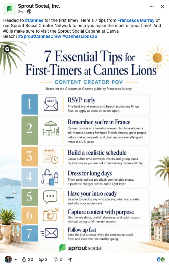 LinkedIn post by Sprout Social sharing an infographic titled "7 Essential Tips for First-Timers at Cannes Lions" which lists numbered advice for content creators, such as RSVPing early and dressing for long days.