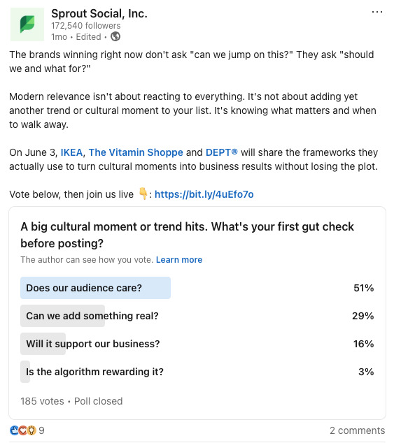 LinkedIn post by Sprout Social featuring a poll asking "A big cultural moment or trend hits. What's your first gut check before posting?" with the majority of voters choosing "Does our audience care?".