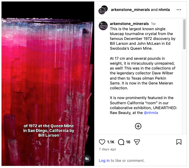 Towering pink and purple bluecap tourmaline crystal from the 1972 Queen Mine find, on display in NHMLA's Unearthed exhibit.