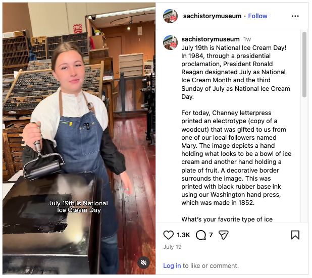 Printer runs an 1852 Washington hand press to letterpress an ice cream design for National Ice Cream Day.