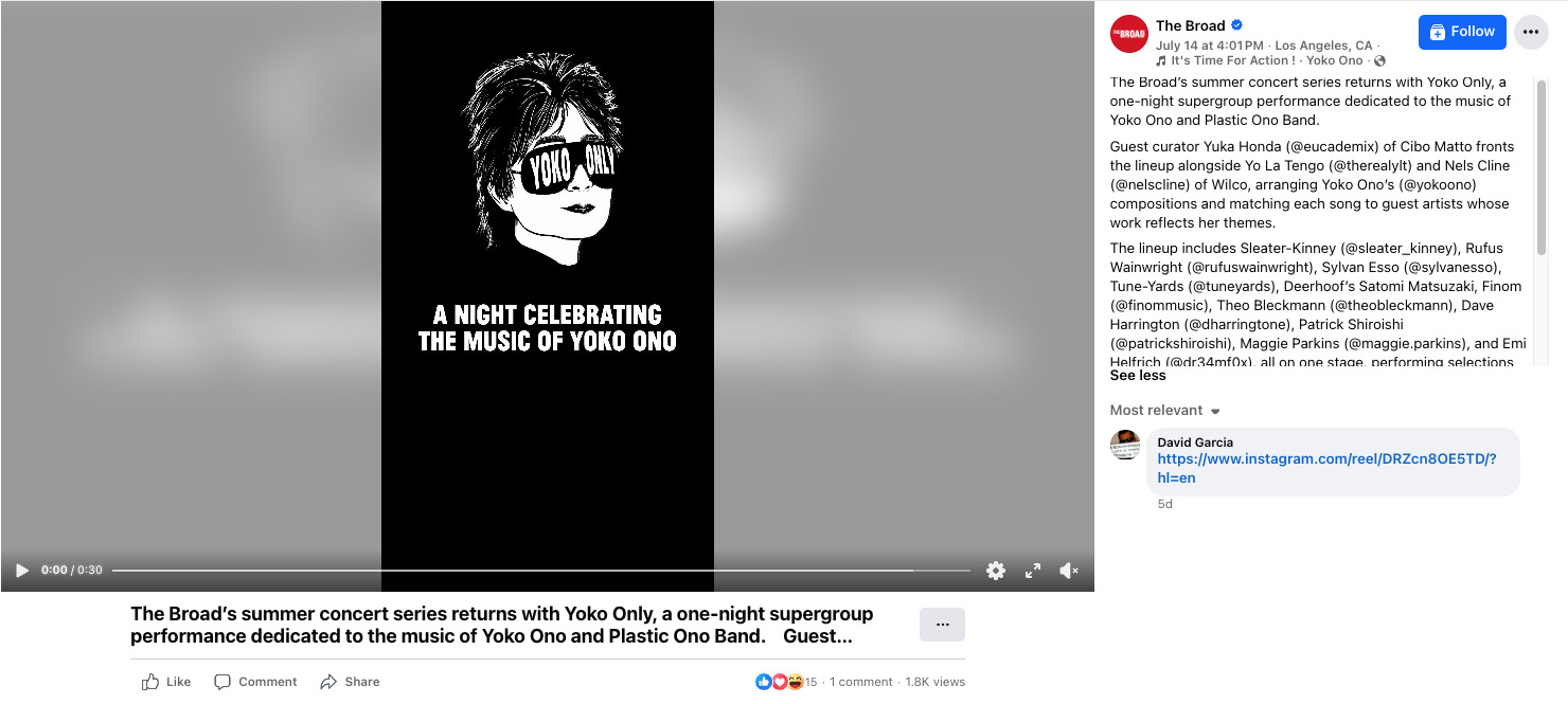 Poster reading "Yoko Only" over a sketch of tousled hair and sunglasses, promoting The Broad's concert night honoring Yoko Ono.