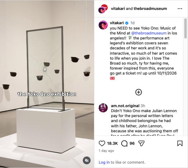 Interactive glass panel installation with suspended metal cups, part of "Yoko Ono: Music of the Mind" at The Broad.