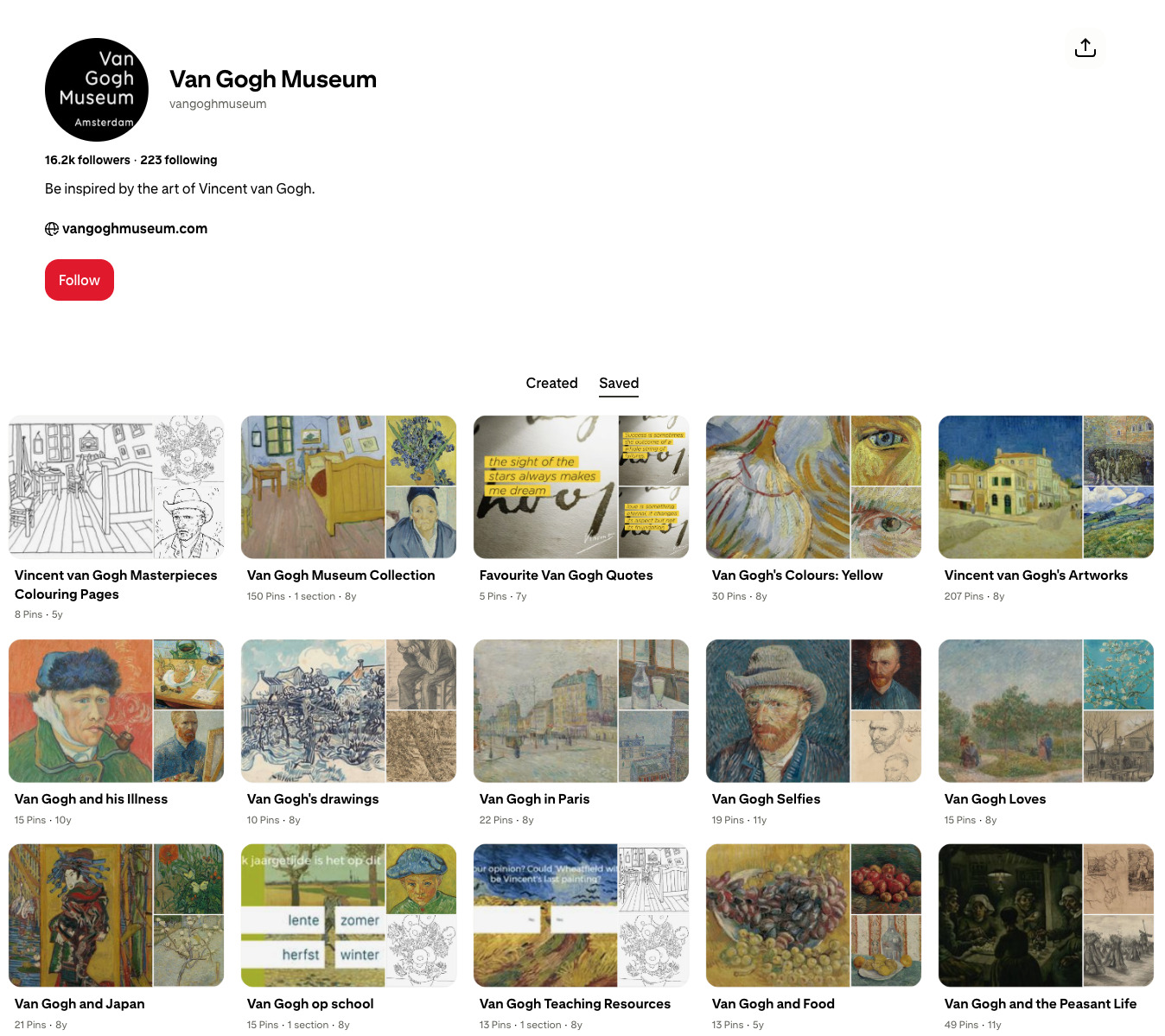 Van Gogh Museum's Pinterest profile with saved boards on his paintings, drawings, quotes, illness, and life themes.