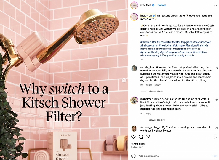 My Kitsch Instagram post showing a golden-colored shower head against pink bathroom tiles and text that reads "why switch to a Kitsch shower filter?"