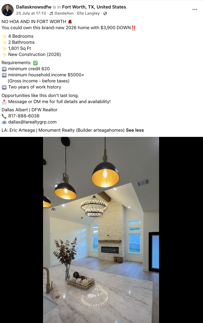 Facebook post of a house listing showing an image of a kitchen island with pendant lights and a caption that includes listing information and requirements