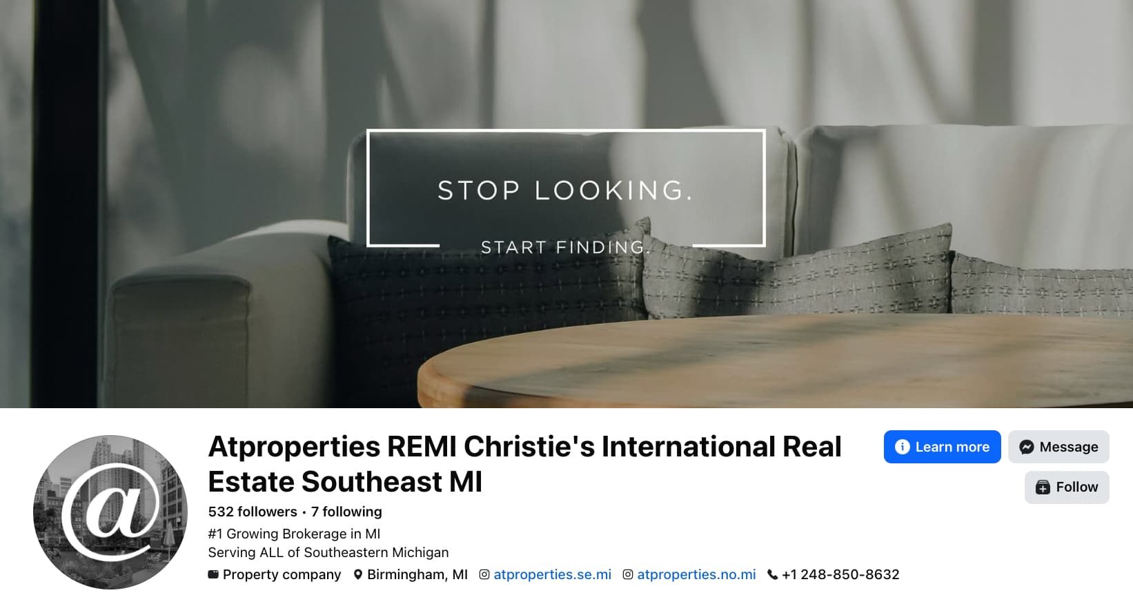Facebook page for Atproperties REMI, a Christie's International Real Estate office in Southeast MI