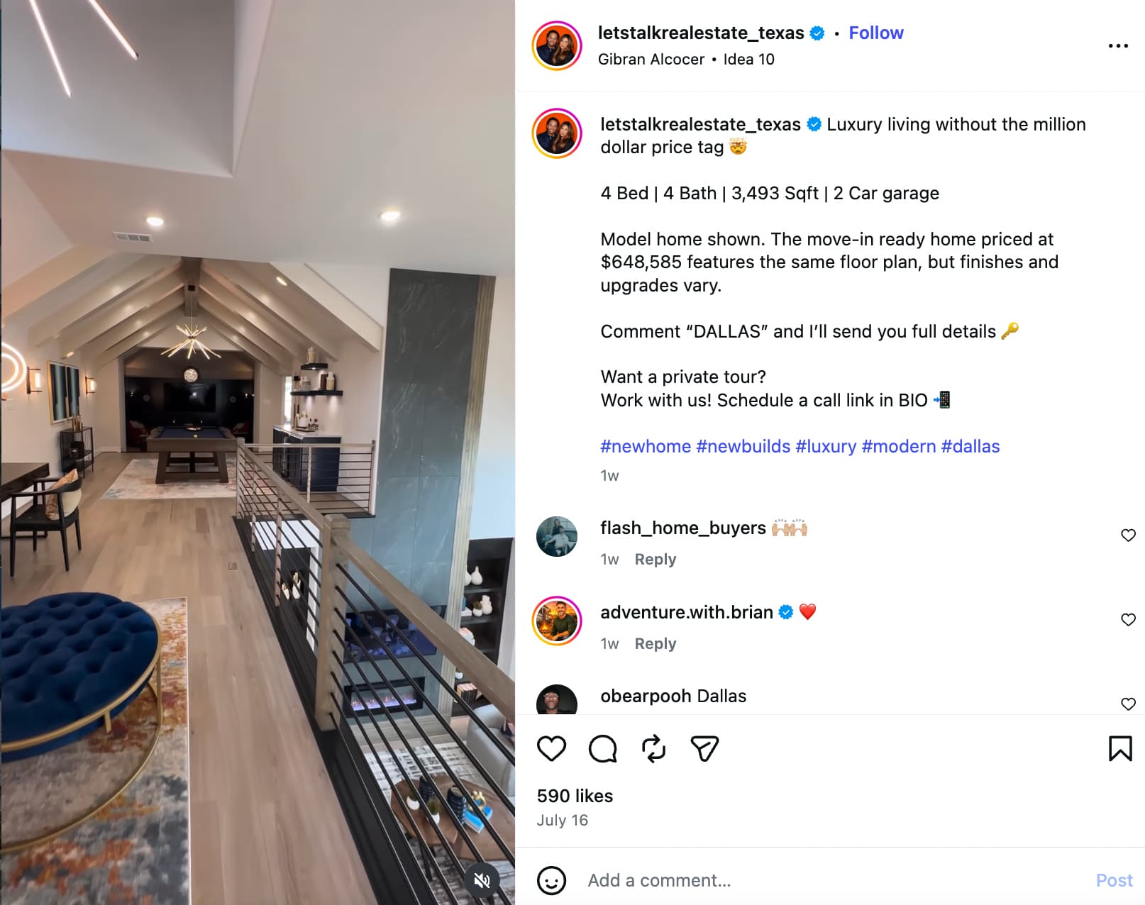 Instagram post from a real estate team showing an indoor view of a house from the first floor hallway