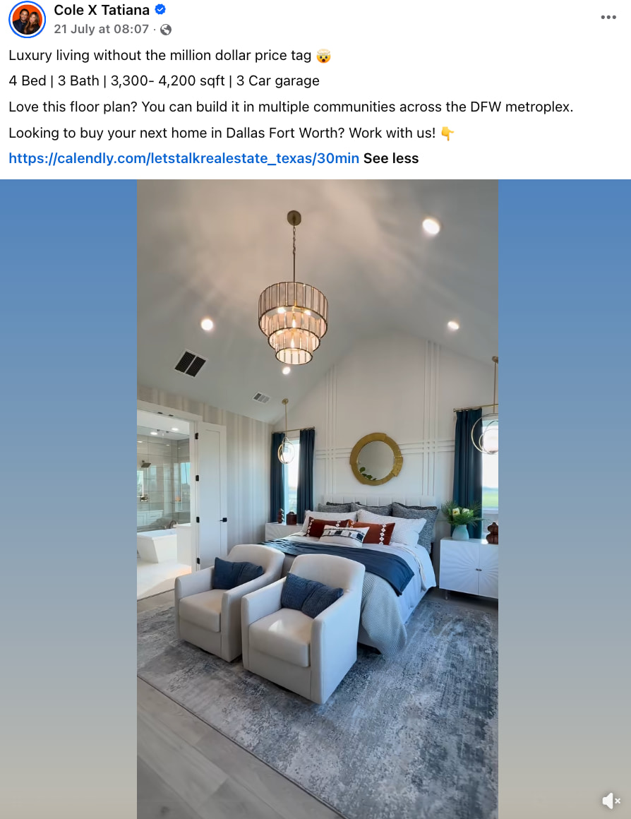 Facebook post from a real estate team showing the bedroom of a new listing with a caption that includes a Calendly link