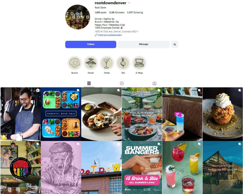 Root Down’s Instagram Grid and bio