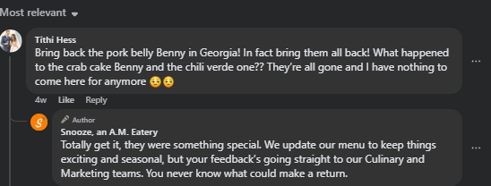 A comment on Snooze Eatery’s Facebook page discussing a past menu item a diner would like to see return. 