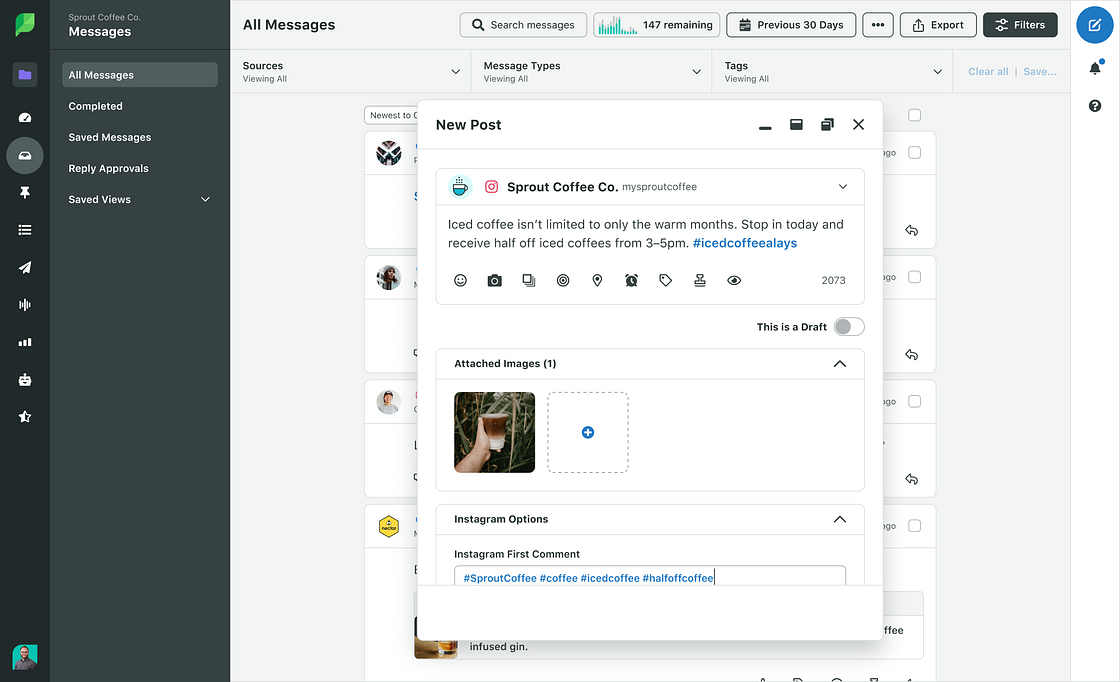 Sprout Social compose Instagram message and post first comment with hashtags