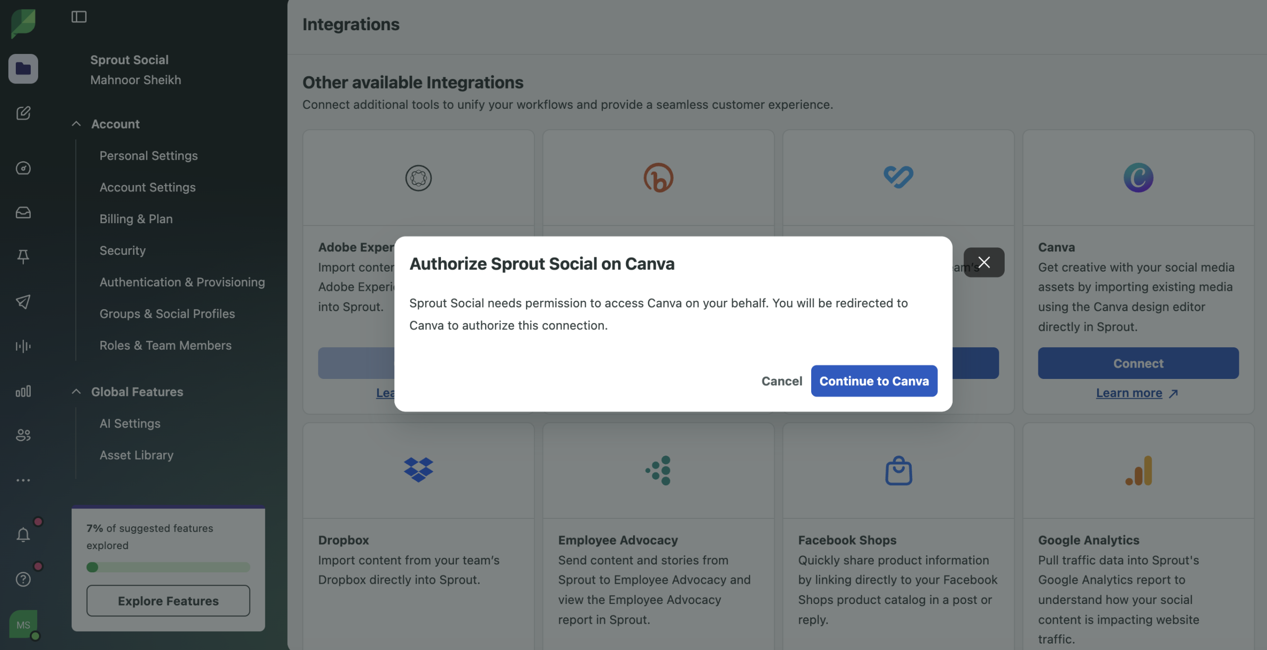 A prompt that lets you authorize connection to Canva in your Sprout Social account.