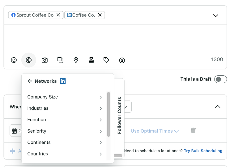 Sprout Social LinkedIn targeting options showing criteria including company size, industry, function, seniority and geographic filters