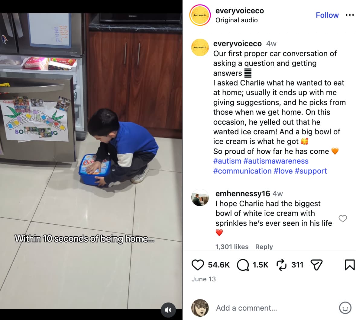 Instagram post by Every Voice Co. showing a boy opening a box on the floor and a caption that describes a car conversation the mom had with him