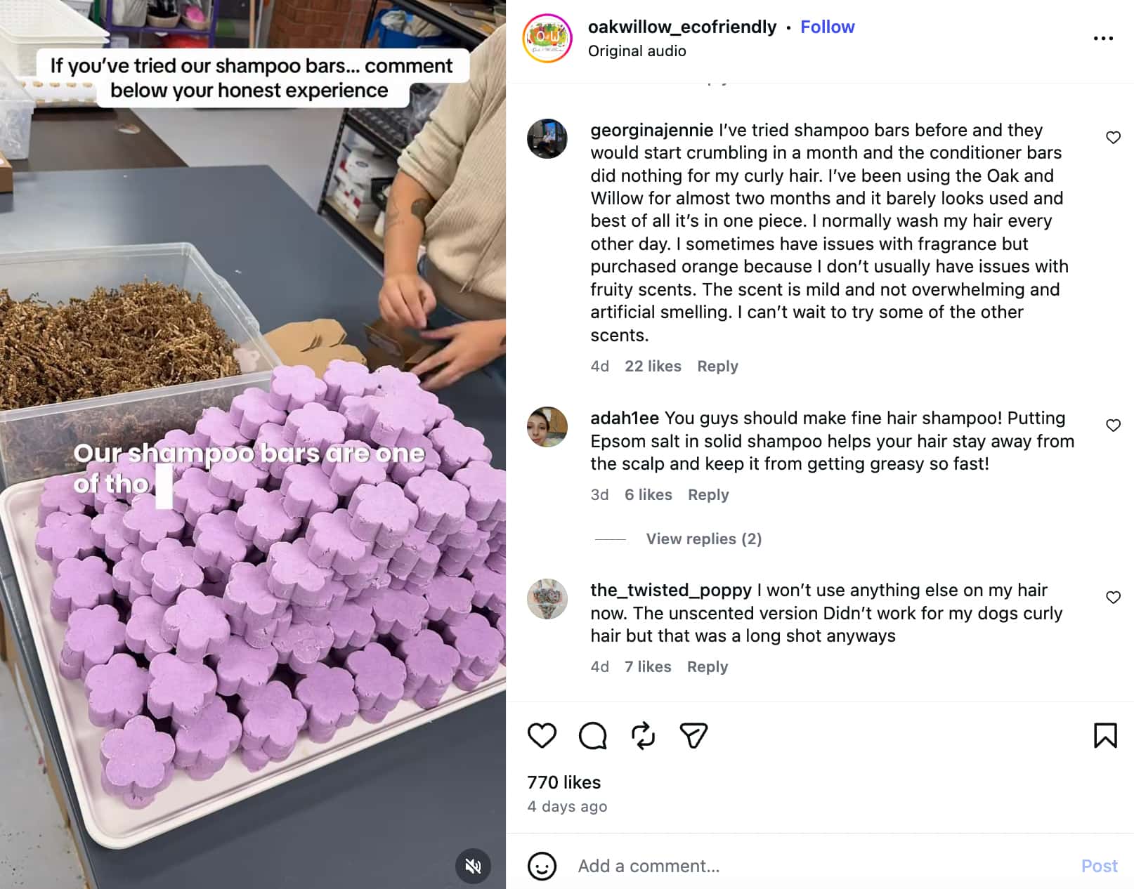 Instagram post by Oak&Willow showing a stack of purple shampoo bars and an in-video caption that requests customers to comment their honest experience