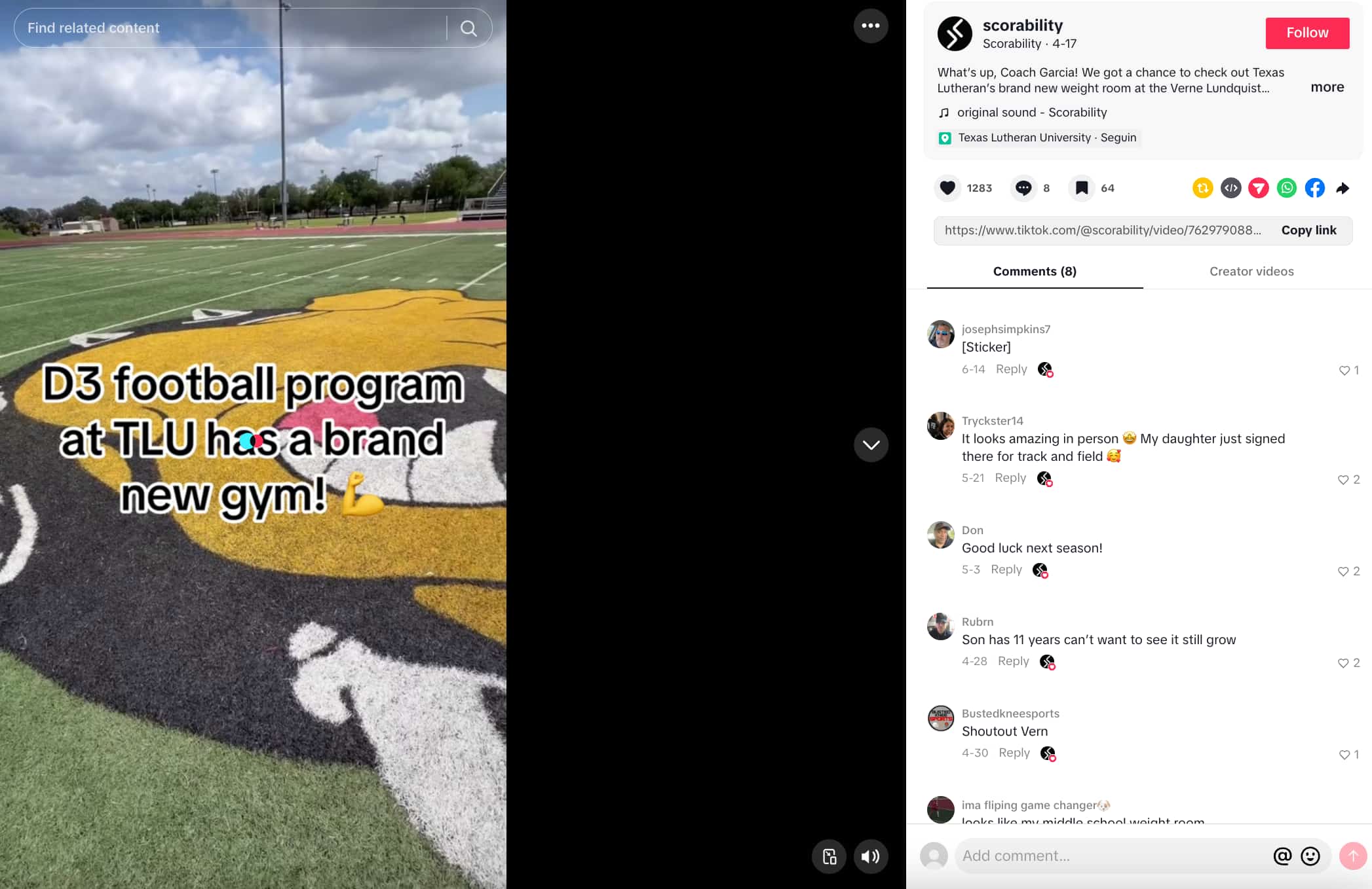 TikTok post by Scorability showing a football field and an in-video caption announcing a new gym under the D3 football program at TLU