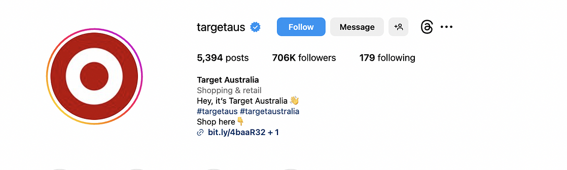 Target Australia Instagram profile with hashtags #targetaus #targetaustralia