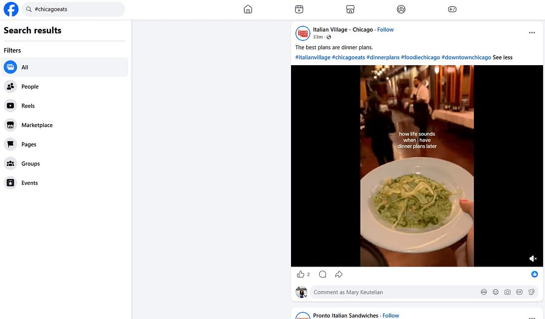 Facebook search for the hashtag #ChicagoEats, featuring a video post by Italian Village - Chicago displaying a plated green pasta dish.