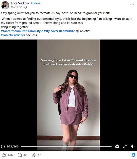 Facebook video post by Erica Suckow modeling a mauve Fabletics jacket and skirt set, tagged with the hashtag #FableticsPartner.