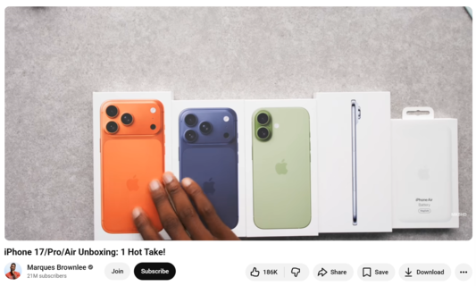 An iPhone unboxing video from YouTube influencer Marques Brownlee.